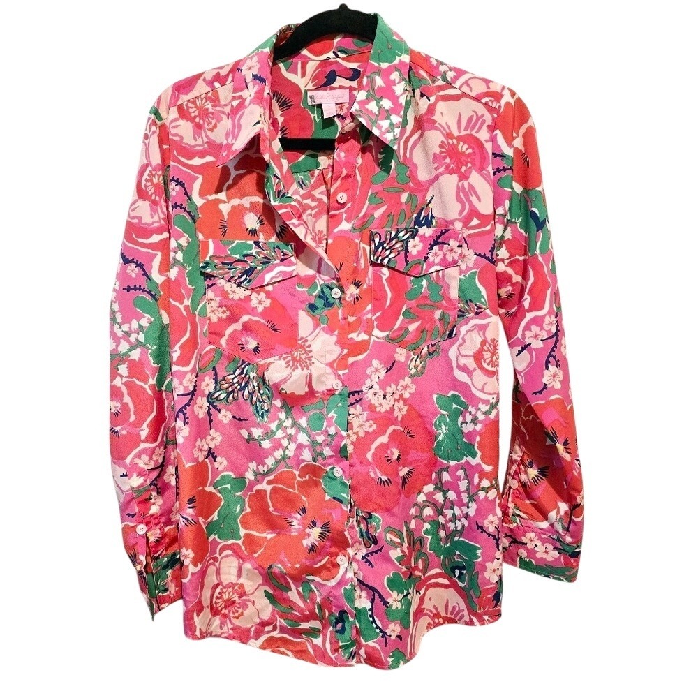 Lilly Pulitzer Pink Floral Button Down Shirt Long Sleeve Flap Pockets Small
